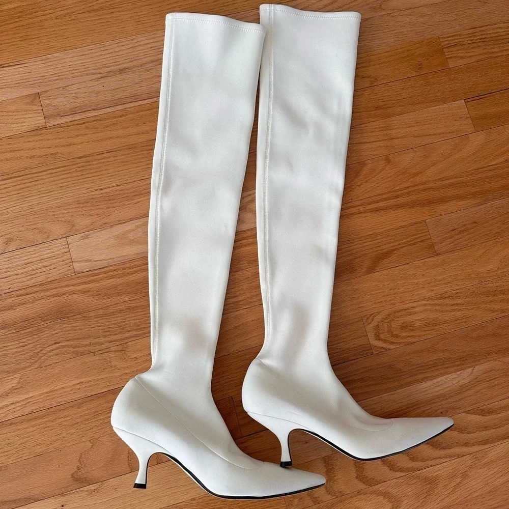 Khaite Taylor Women's White Over-the-Knee Neoprene Kitten Heel Boots